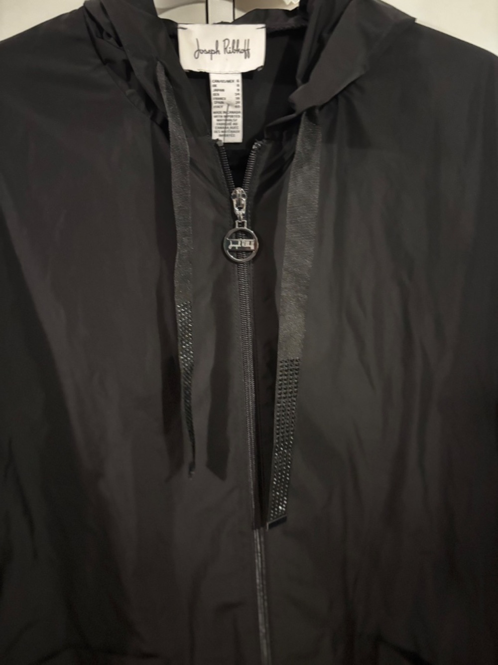 Joseph Ribkoff Long Flared Shape Coat Full Zip Drawstring Hood Sz 6 Black - Picture 7 of 13